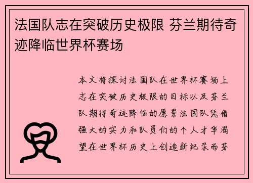 法国队志在突破历史极限 芬兰期待奇迹降临世界杯赛场