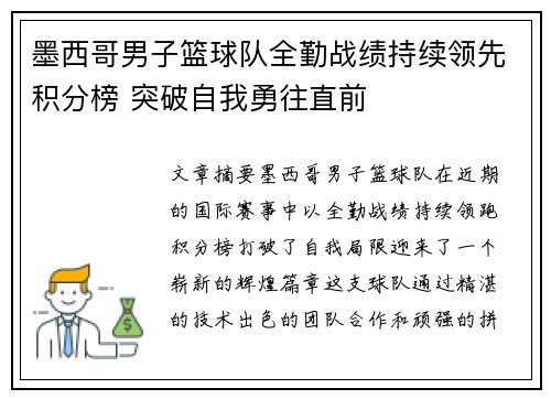 墨西哥男子篮球队全勤战绩持续领先积分榜 突破自我勇往直前